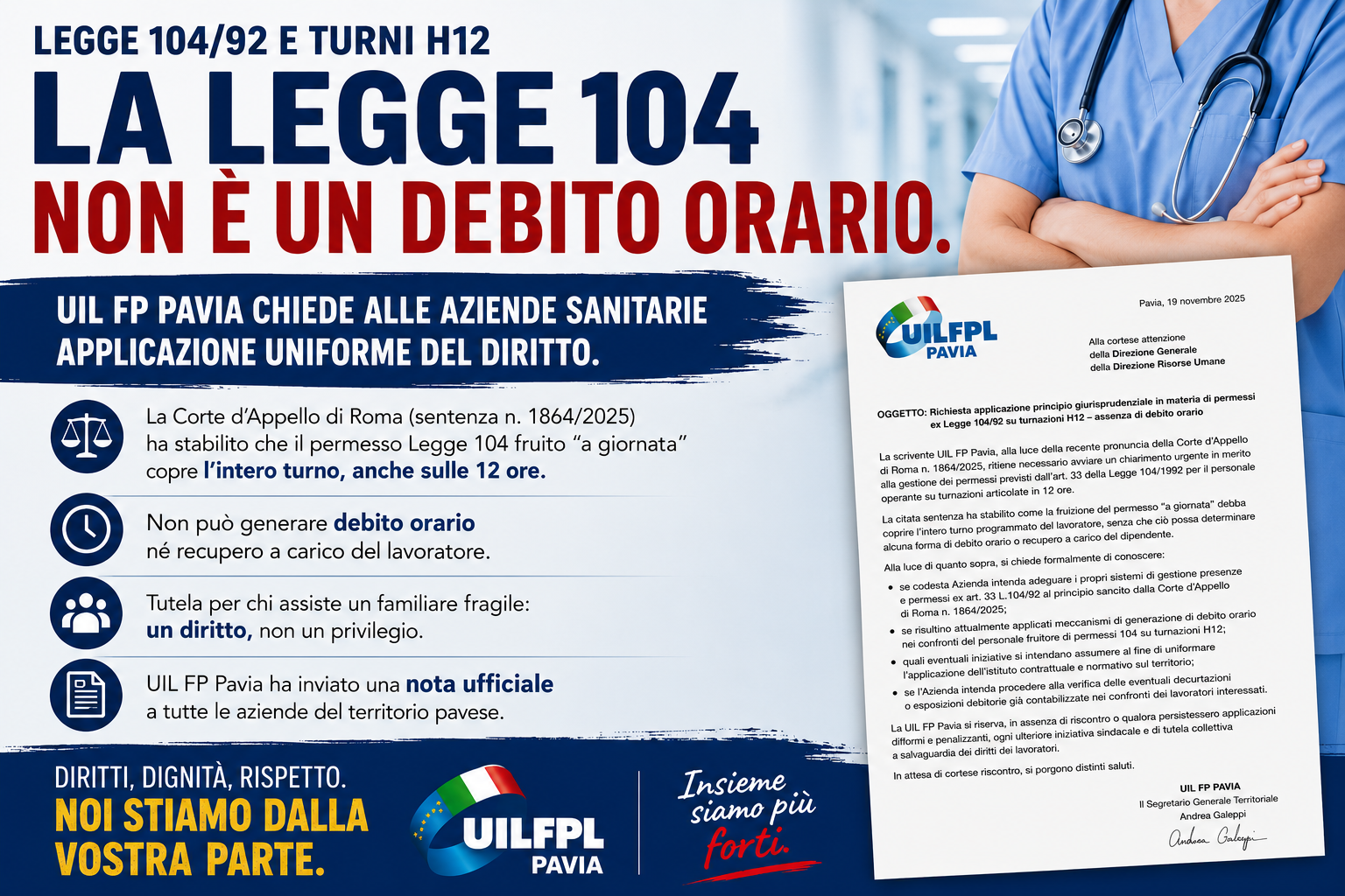 LEGGE 104 E TURNI H12:UIL FP PAVIA SCRIVE ALLE AZIENDE SANITARIE DEL TERRITORIO