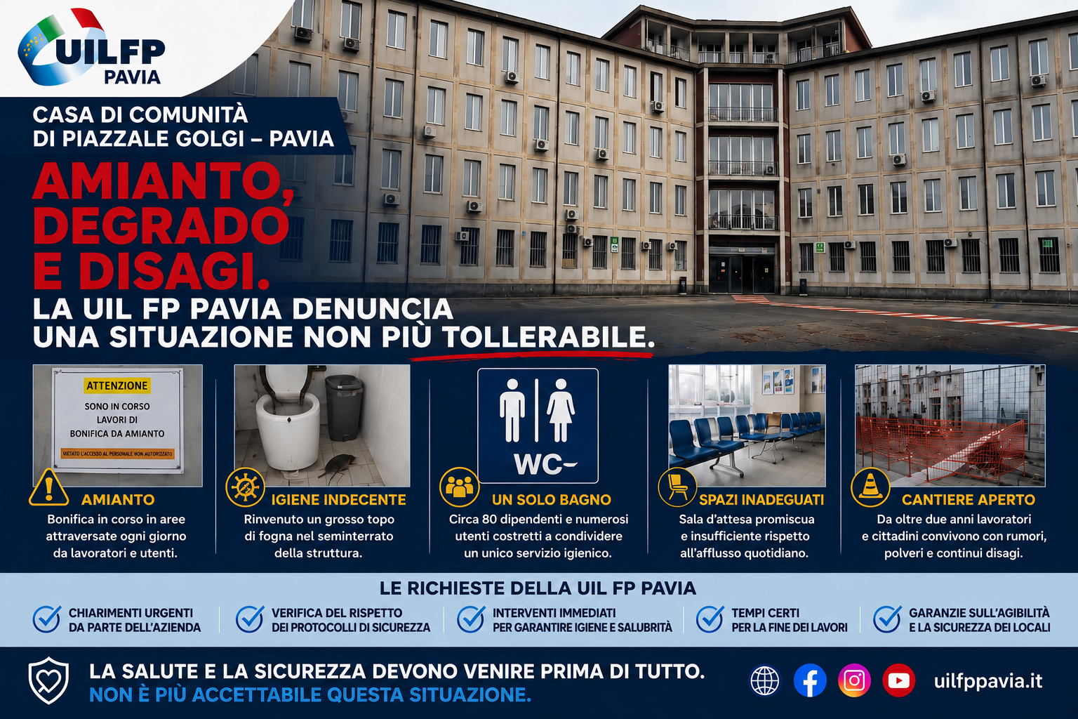 CASA DI COMUNITÀ DI PIAZZALE GOLGI: AMIANTO, DEGRADO E DISAGI. LA UIL FP PAVIA DENUNCIA UNA SITUAZIONE NON PIÙ TOLLERABILE