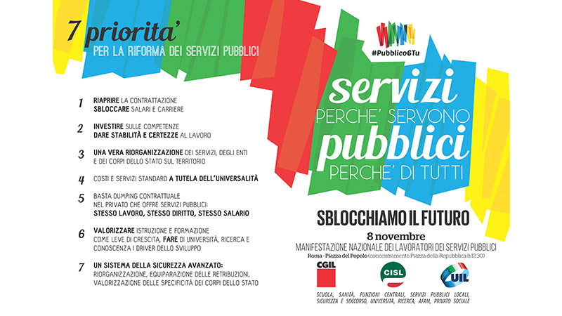 #Pubblico6Tu: 8 novembre manifestazione nazionale dei lavoratori dei servizi pubblici